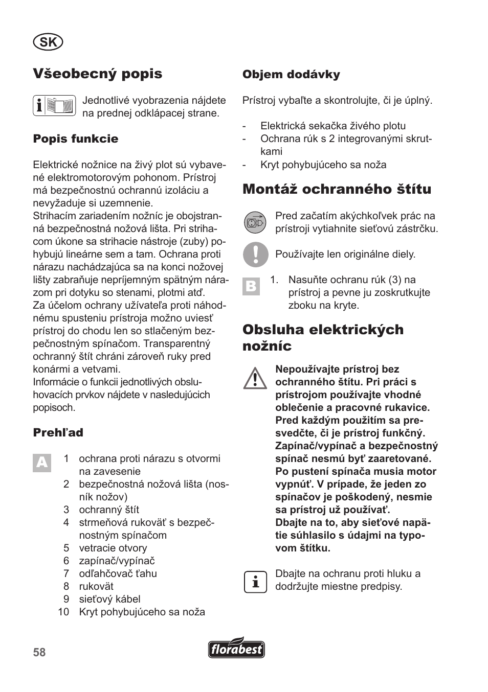 Všeobecný popis, Montáž ochranného štítu, Obsluha elektrických nožníc | Florabest FHT 600 A1 User Manual | Page 58 / 90