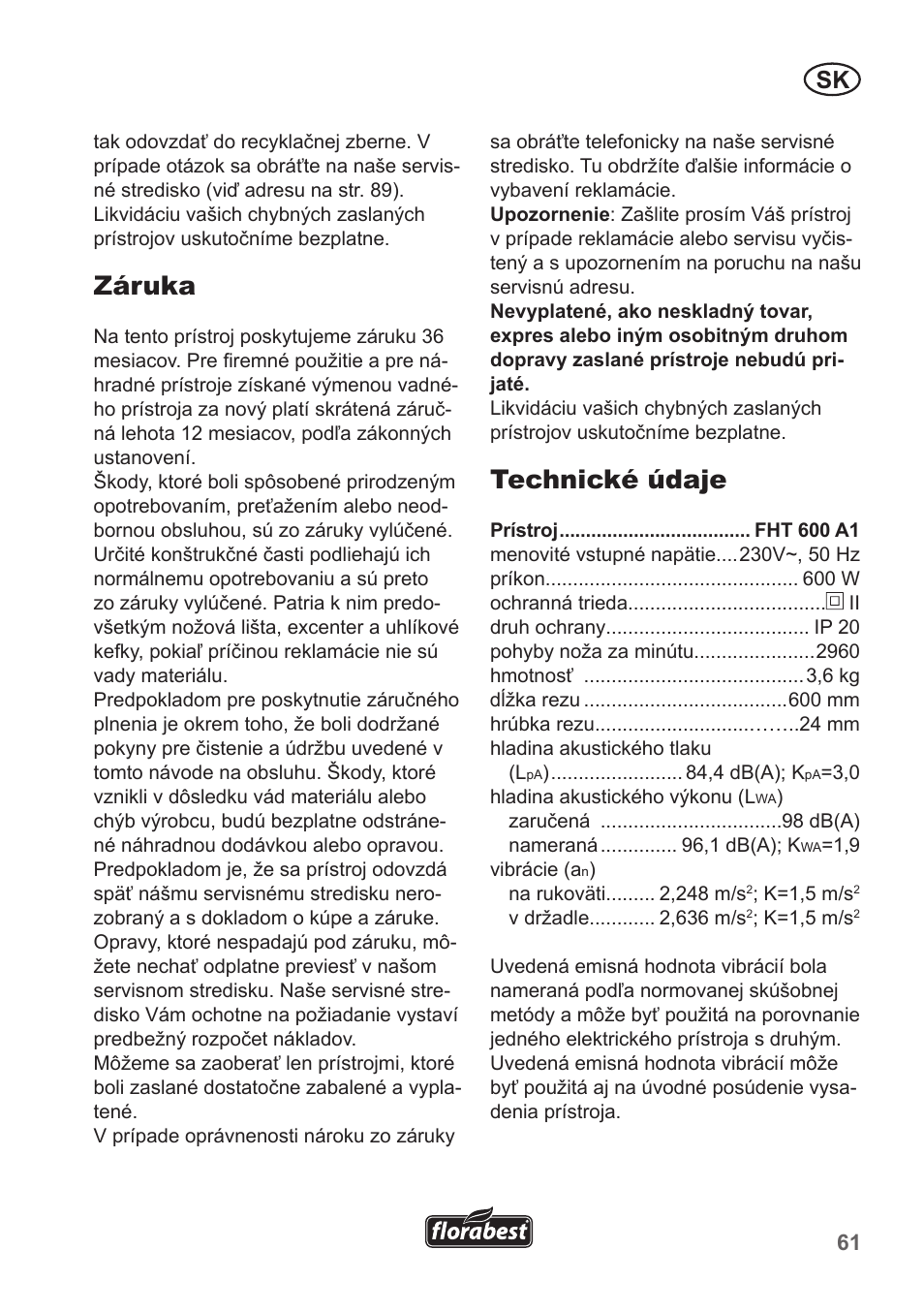 Záruka, Technické údaje | Florabest FHT 600 A1 User Manual | Page 61 / 90
