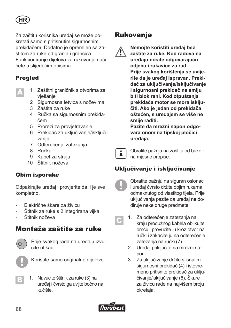 Montaža zaštite za ruke, Rukovanje | Florabest FHT 600 A1 User Manual | Page 68 / 90