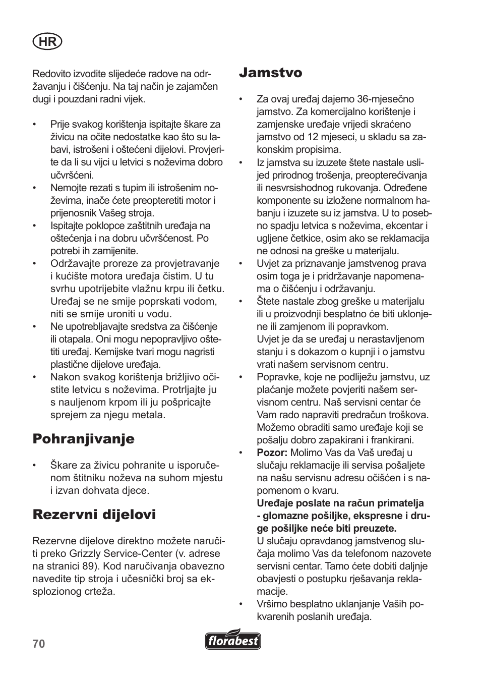 Pohranjivanje, Rezervni dijelovi, Jamstvo | Florabest FHT 600 A1 User Manual | Page 70 / 90