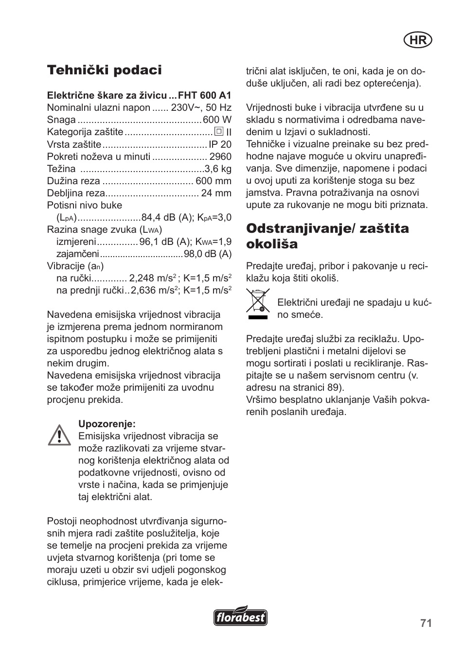 Tehnički podaci, Odstranjivanje/ zaštita okoliša | Florabest FHT 600 A1 User Manual | Page 71 / 90