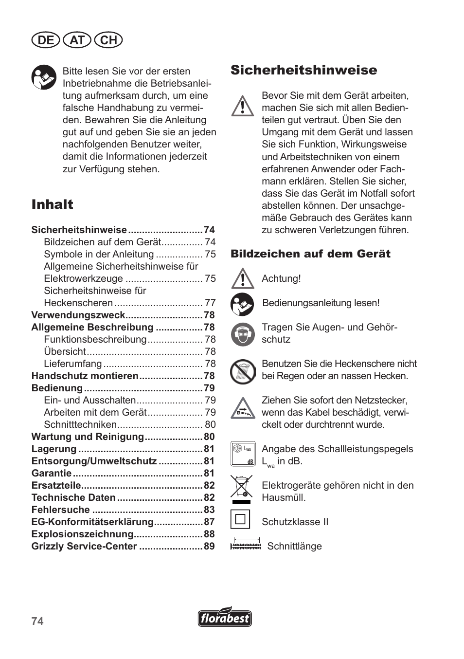 Sicherheitshinweise, Inhalt, De at ch | Florabest FHT 600 A1 User Manual | Page 74 / 90