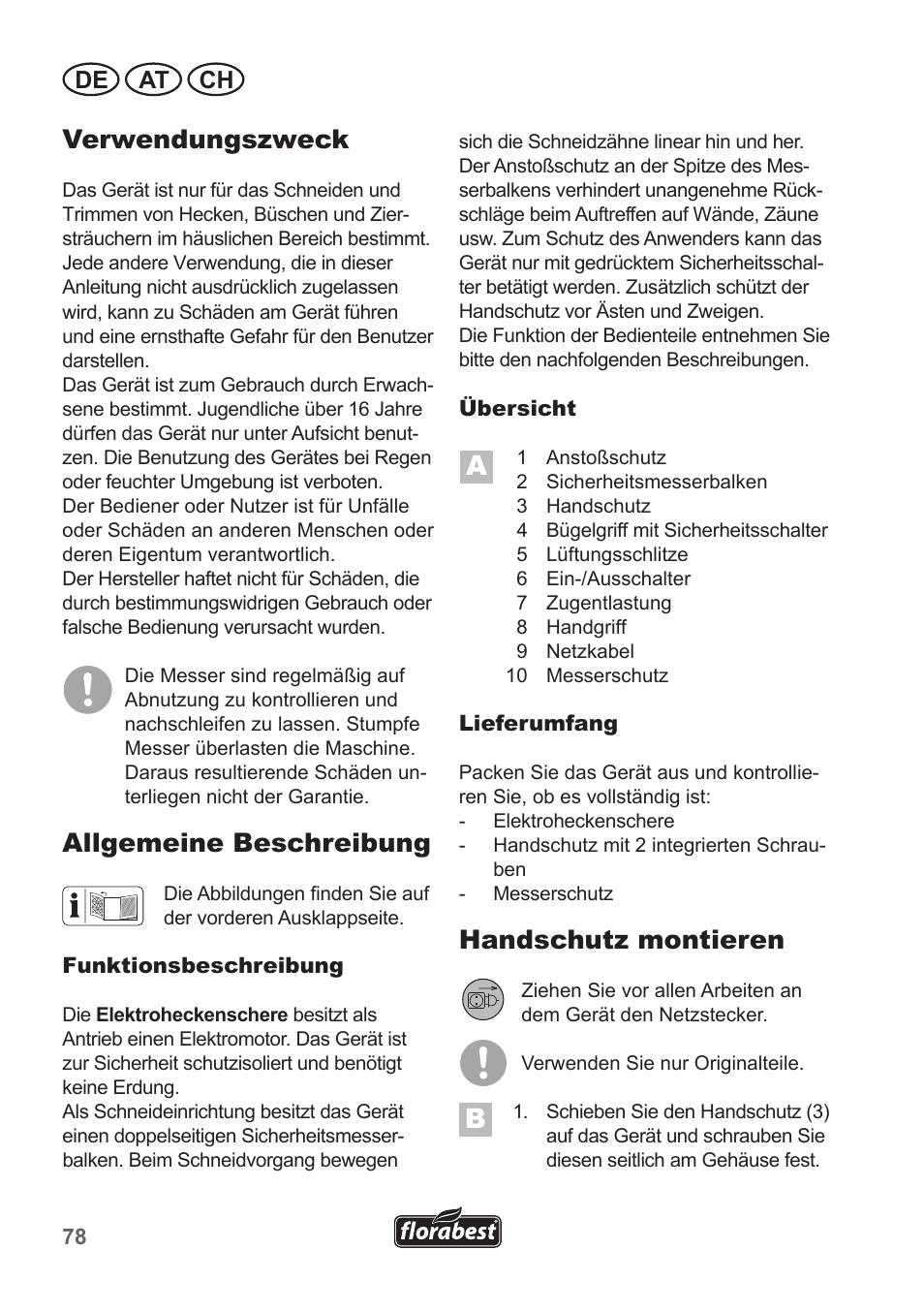 Verwendungszweck, Allgemeine beschreibung, Handschutz montieren | De at ch | Florabest FHT 600 A1 User Manual | Page 78 / 90
