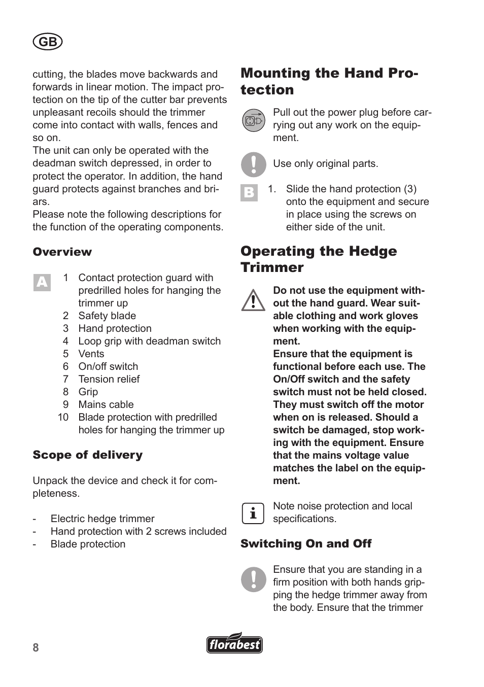 Mounting the hand pro- tection, Operating the hedge trimmer | Florabest FHT 600 A1 User Manual | Page 8 / 90