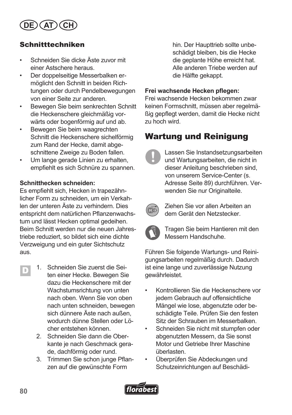 Wartung und reinigung, De at ch | Florabest FHT 600 A1 User Manual | Page 80 / 90