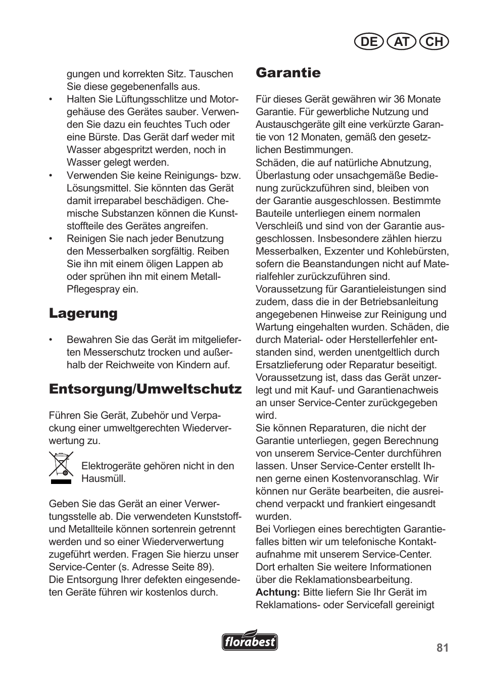 Lagerung, Entsorgung/umweltschutz, Garantie | De at ch | Florabest FHT 600 A1 User Manual | Page 81 / 90