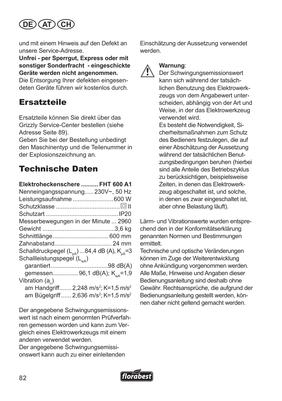 Ersatzteile, Technische daten, De at ch | Florabest FHT 600 A1 User Manual | Page 82 / 90
