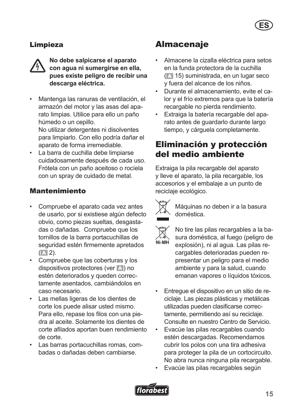 Almacenaje, Eliminación y protección del medio ambiente | Florabest FAH 18 A1 User Manual | Page 15 / 82