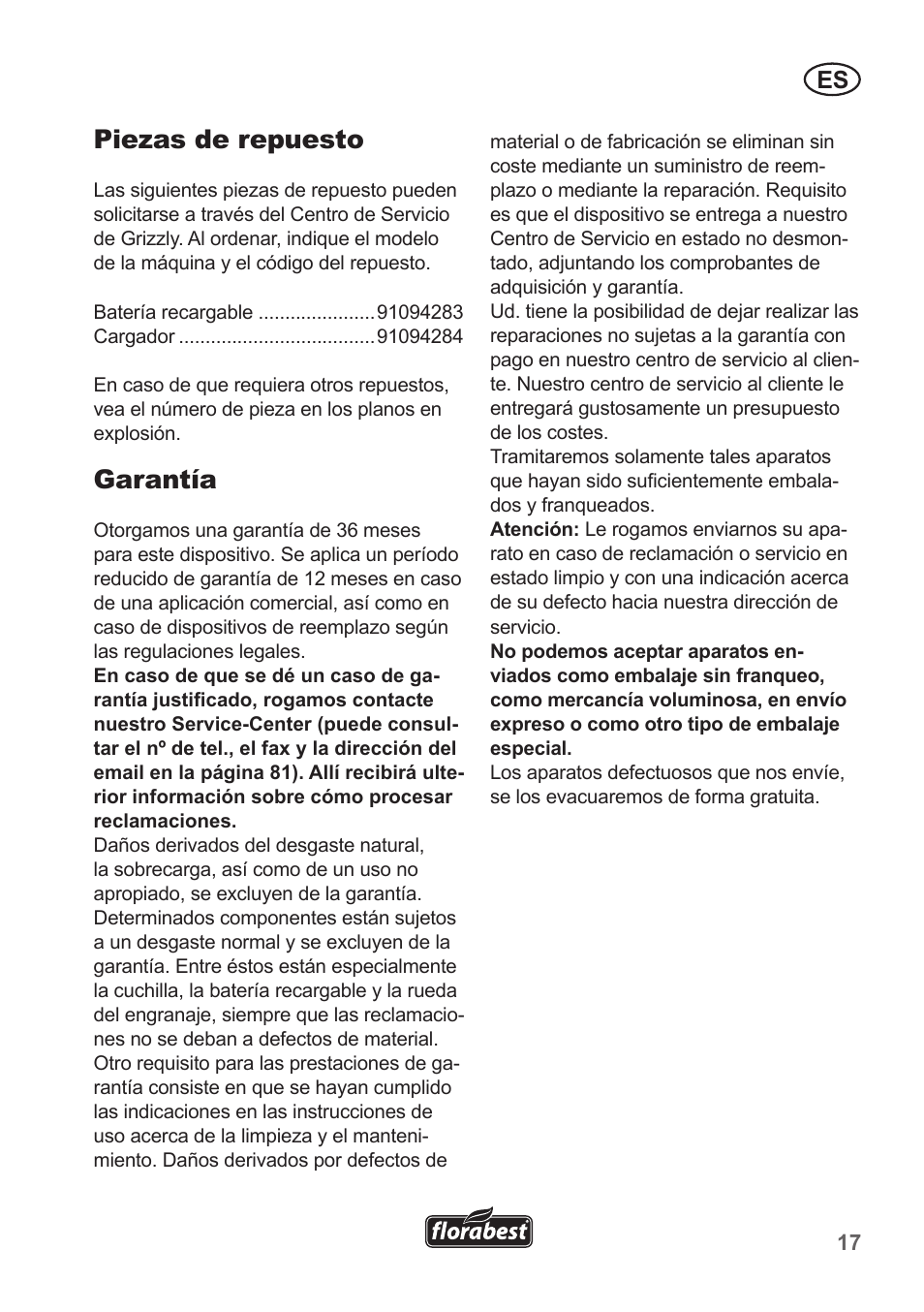 Piezas de repuesto, Garantía | Florabest FAH 18 A1 User Manual | Page 17 / 82