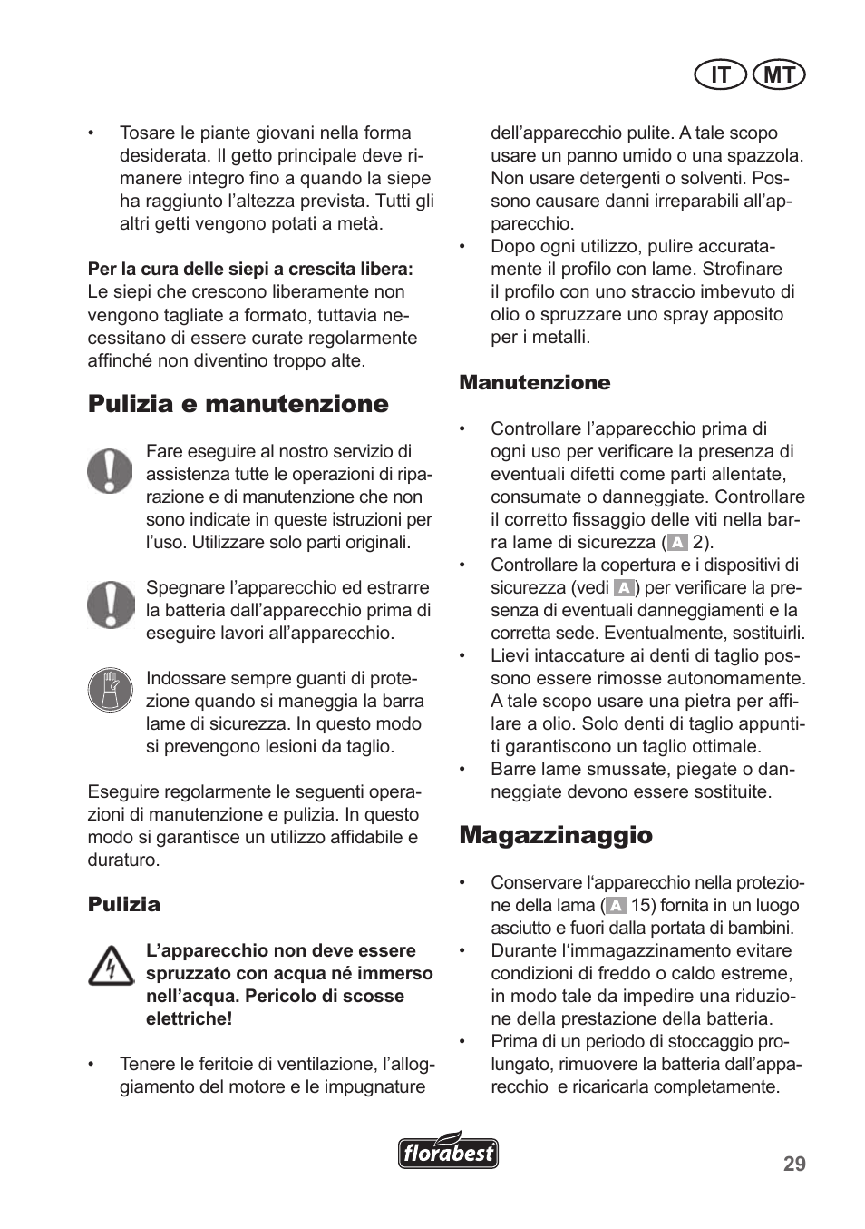 Pulizia e manutenzione, Magazzinaggio, It mt | Florabest FAH 18 A1 User Manual | Page 29 / 82