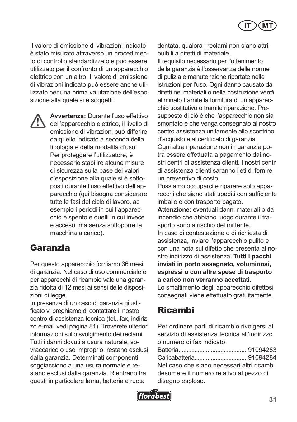 Garanzia, Ricambi, It mt | Florabest FAH 18 A1 User Manual | Page 31 / 82