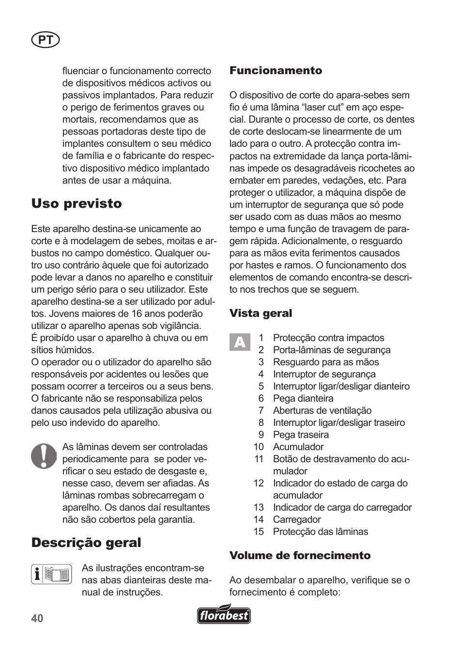 Uso previsto, Descrição geral | Florabest FAH 18 A1 User Manual | Page 40 / 82