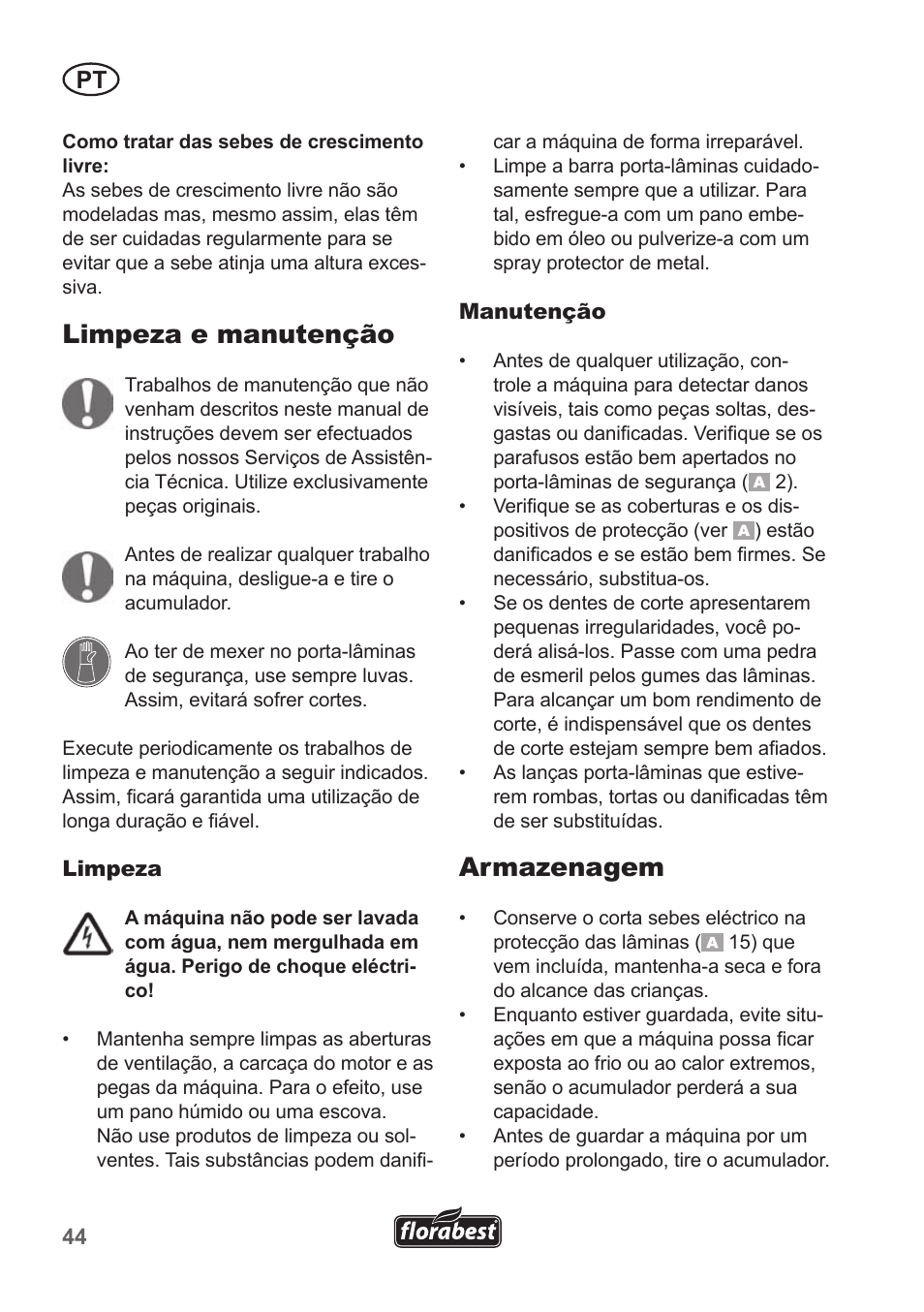 Limpeza e manutenção, Armazenagem | Florabest FAH 18 A1 User Manual | Page 44 / 82
