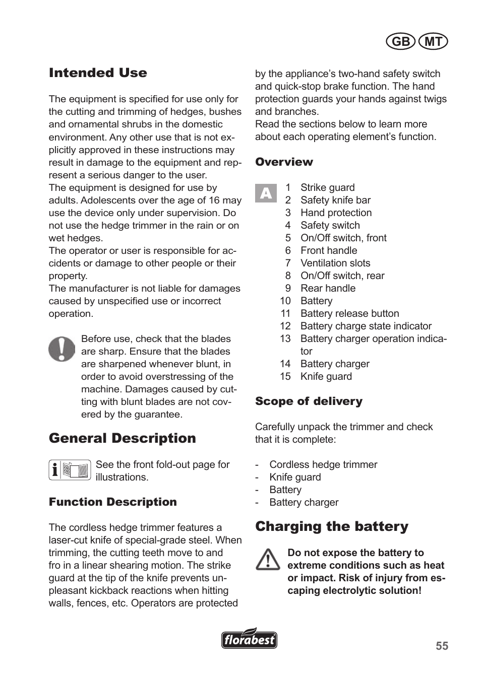 General description, Charging the battery, Gb mt intended use | Florabest FAH 18 A1 User Manual | Page 55 / 82