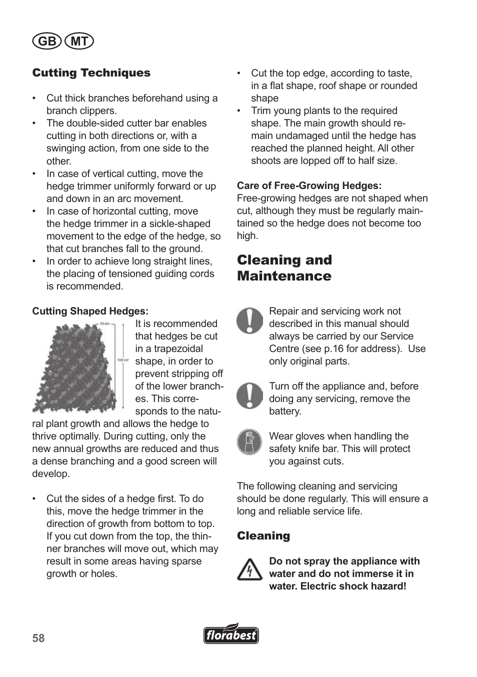 Cleaning and maintenance, Gb mt | Florabest FAH 18 A1 User Manual | Page 58 / 82