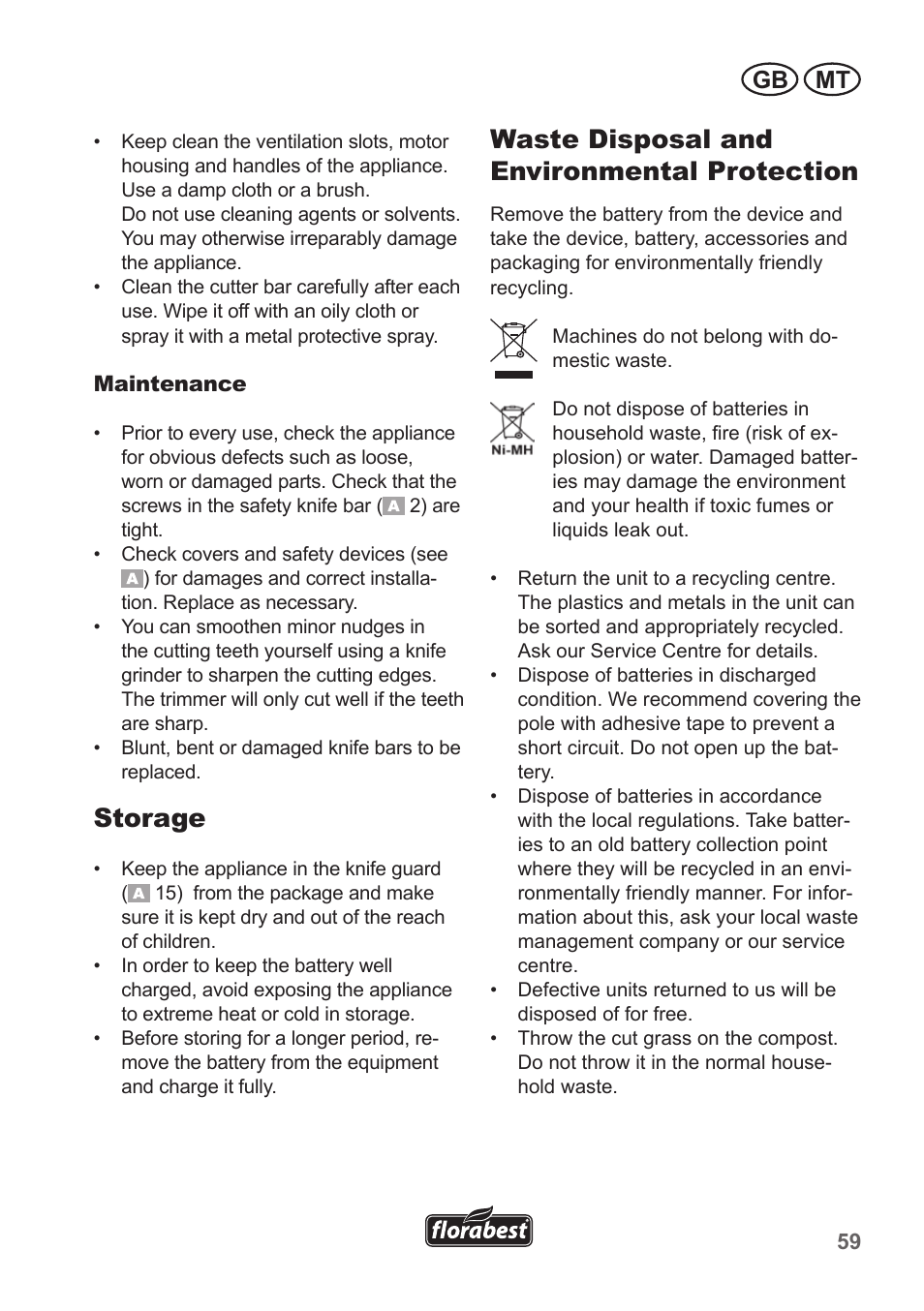 Storage, Waste disposal and environmental protection, Gb mt | Florabest FAH 18 A1 User Manual | Page 59 / 82
