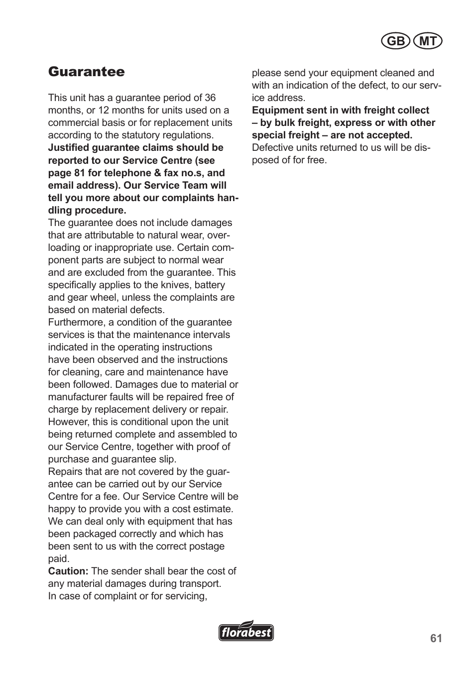 Guarantee, Gb mt | Florabest FAH 18 A1 User Manual | Page 61 / 82
