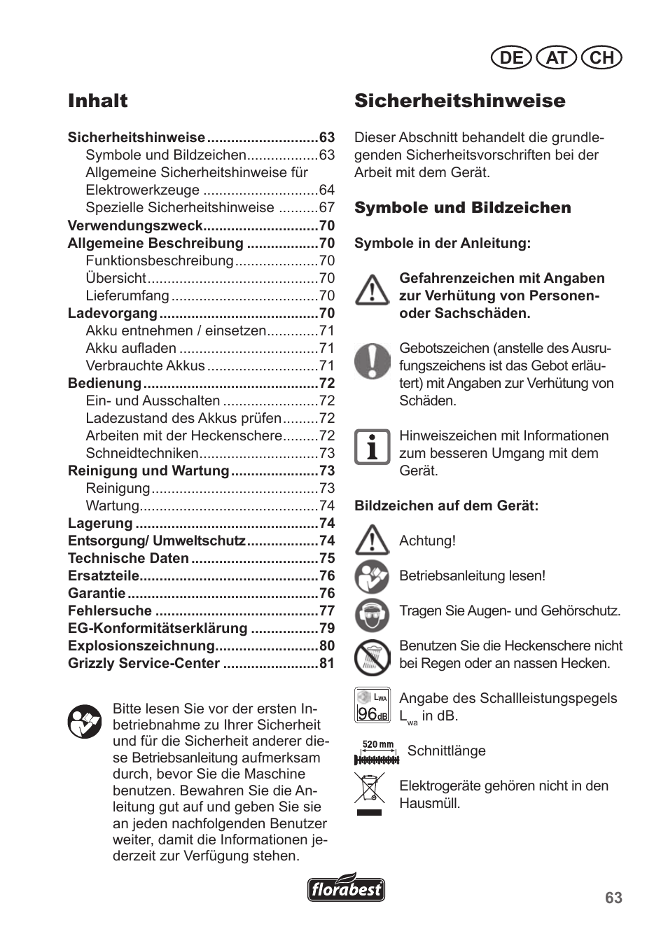 Inhalt, Sicherheitshinweise, De at ch | Florabest FAH 18 A1 User Manual | Page 63 / 82