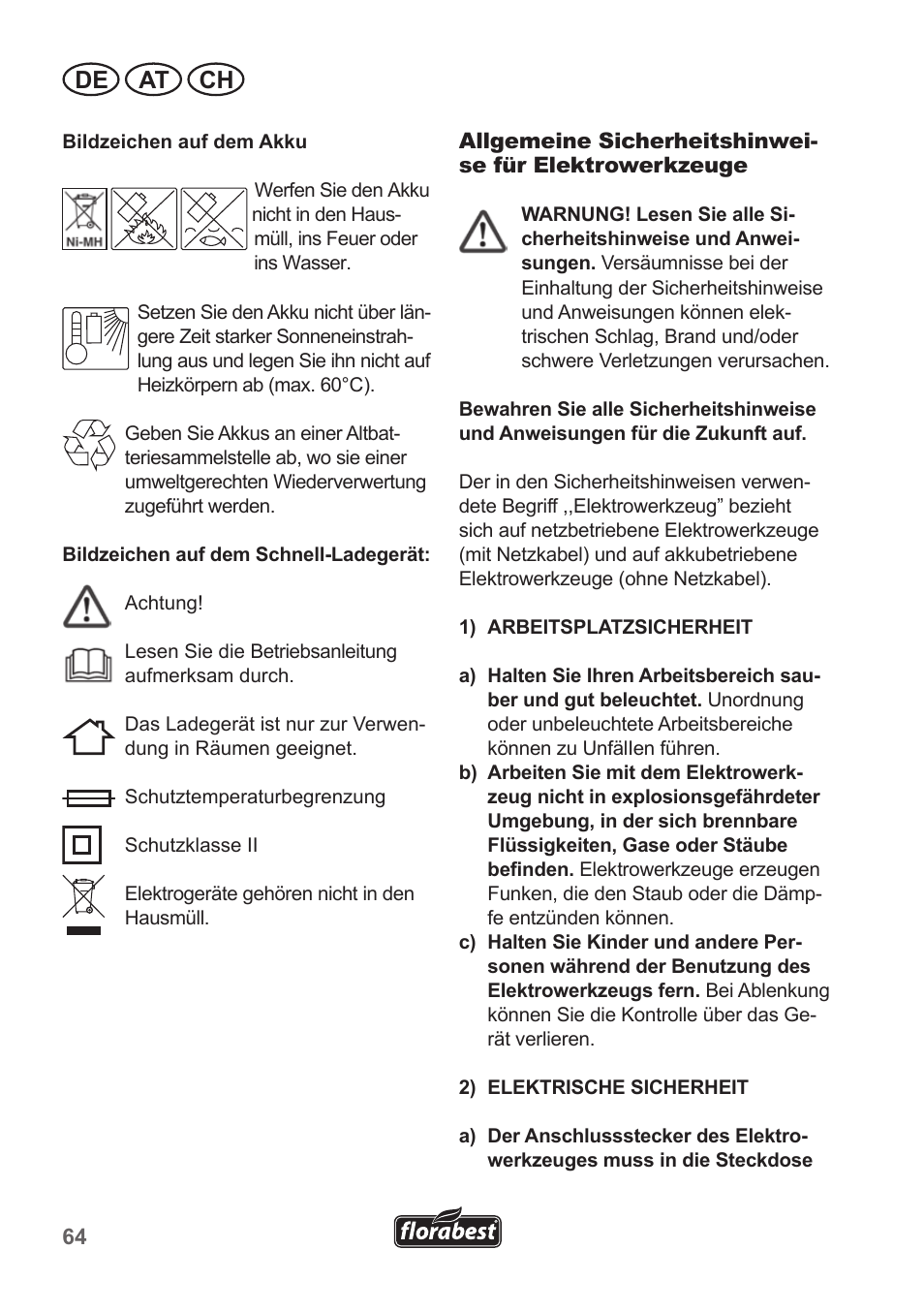 De at ch | Florabest FAH 18 A1 User Manual | Page 64 / 82