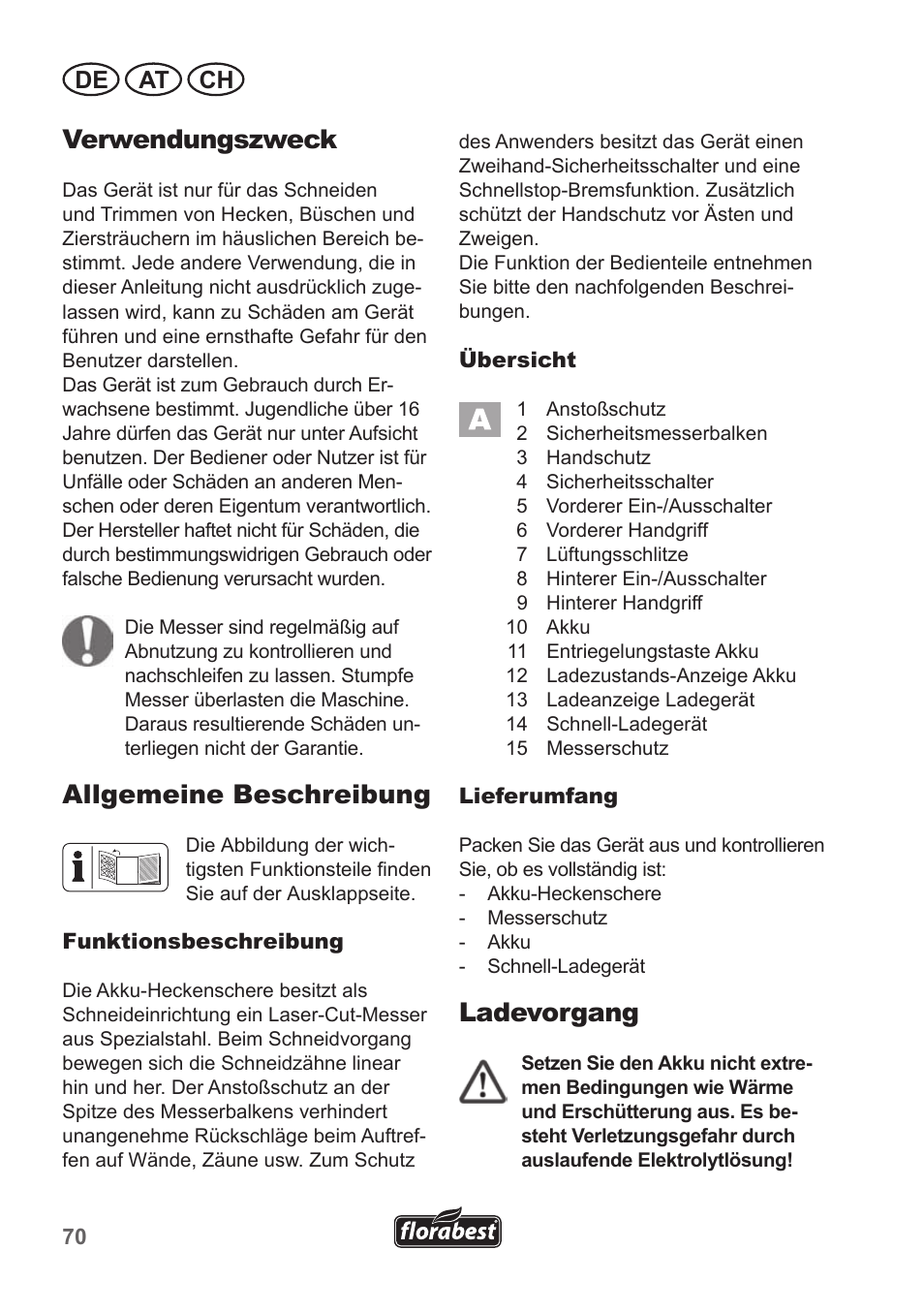 Verwendungszweck, Allgemeine beschreibung, Ladevorgang | De at ch | Florabest FAH 18 A1 User Manual | Page 70 / 82