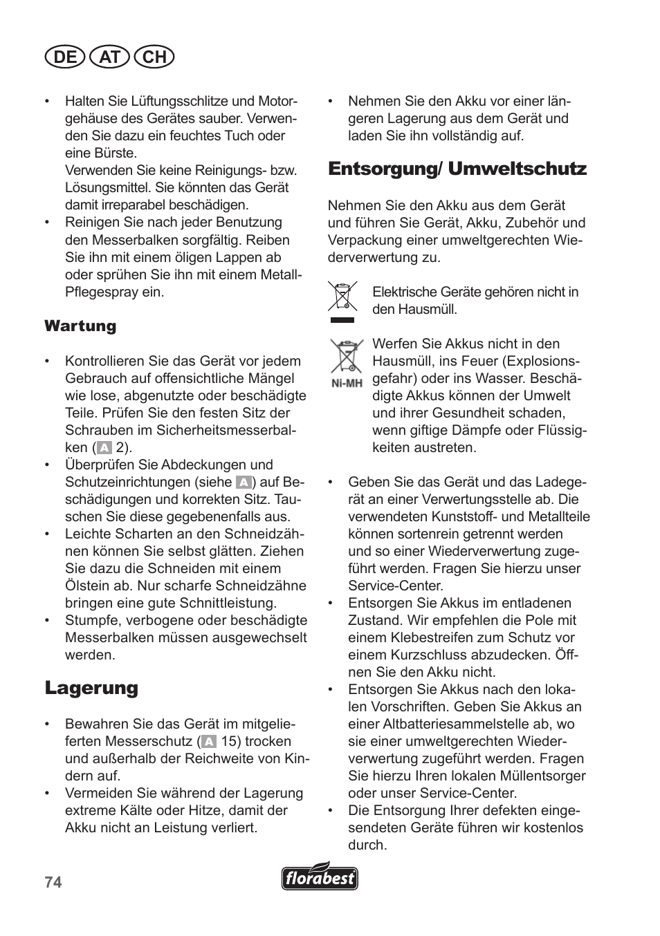 Lagerung, Entsorgung/ umweltschutz, De at ch | Florabest FAH 18 A1 User Manual | Page 74 / 82