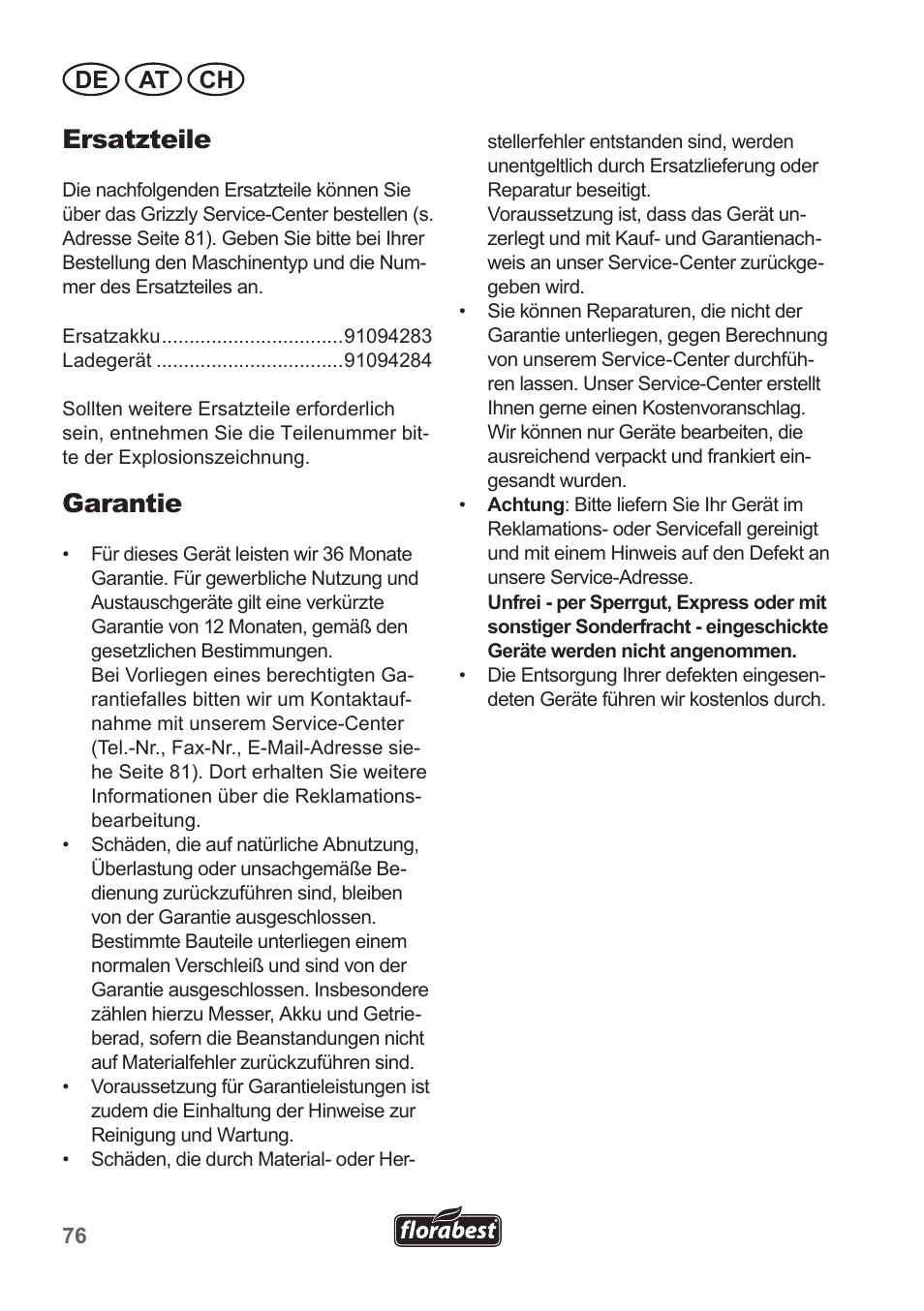 Ersatzteile, Garantie, De at ch | Florabest FAH 18 A1 User Manual | Page 76 / 82