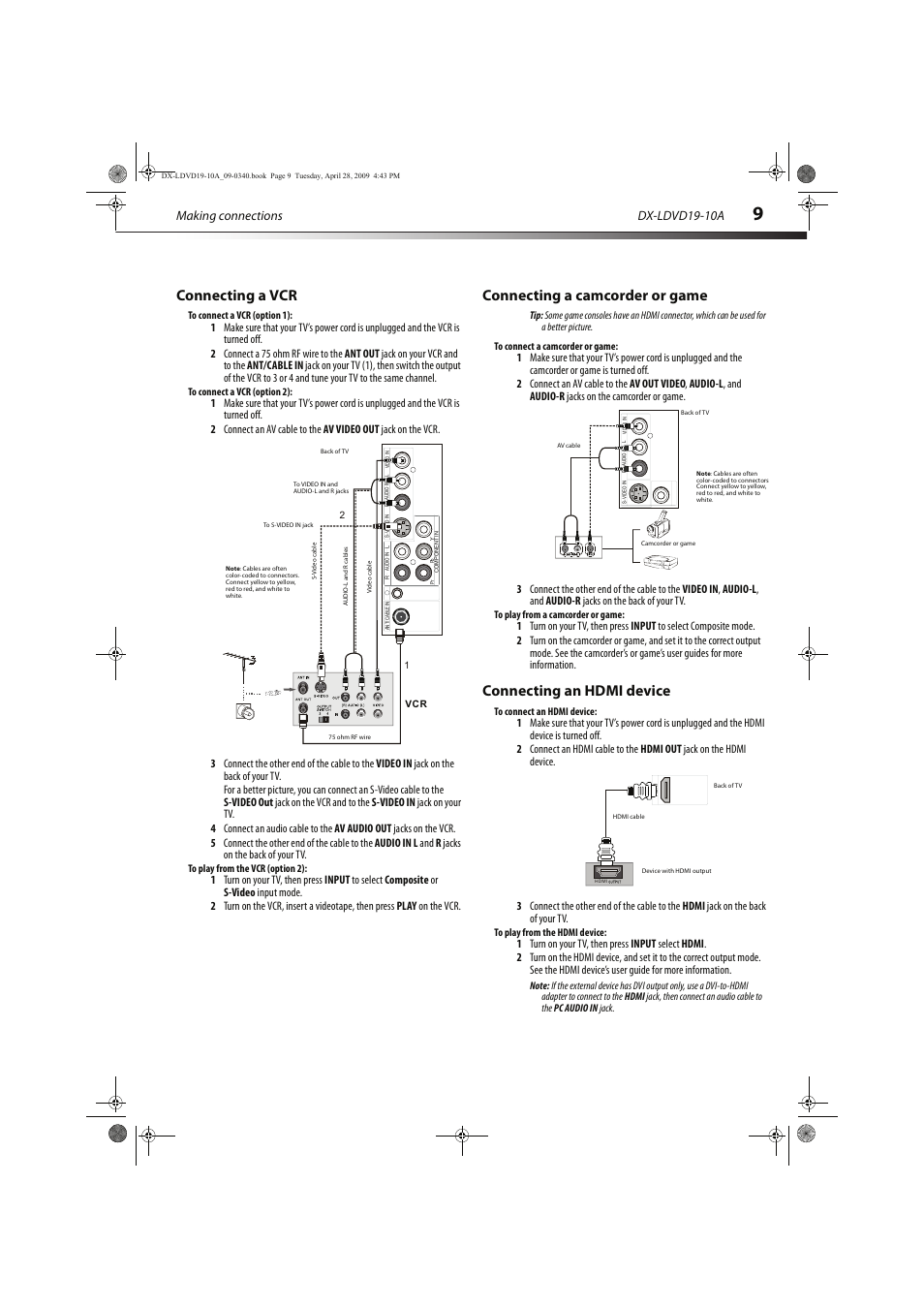 Connecting a vcr, Connecting a camcorder or game, Connecting an hdmi device | Making connections, Dx-ldvd19-10a | Dynex DX-LDVD19-10A User Manual | Page 13 / 36