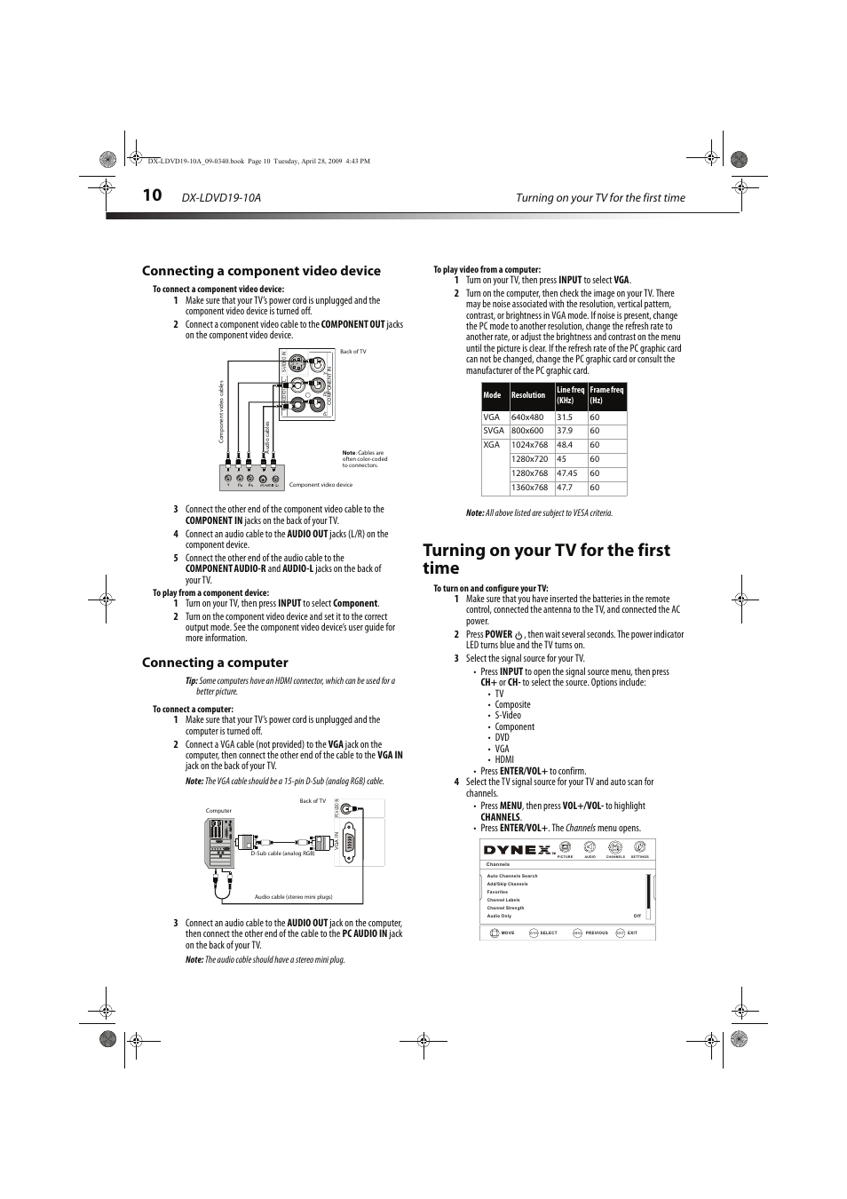 Turning on your tv for the first time, Connecting a component video device, Connecting a computer | Vol - ch+ ch- vol | Dynex DX-LDVD19-10A User Manual | Page 14 / 36