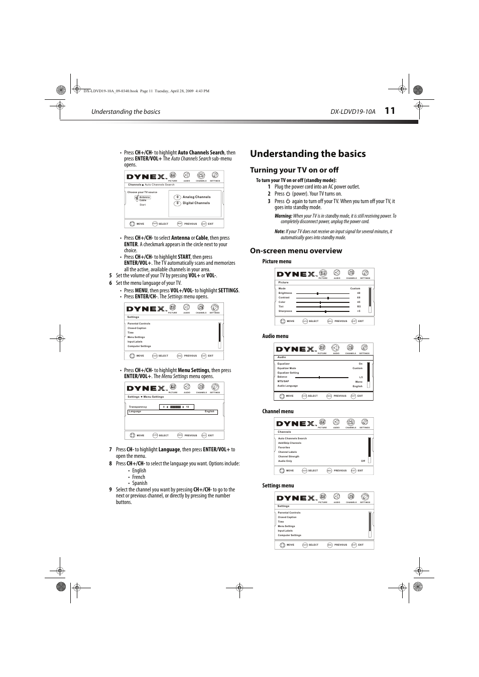 Turning your tv on or off, On-screen menu overview, Vol - ch+ ch- vol | Understanding the basics, Dx-ldvd19-10a, Picture menu audio menu channel menu settings menu | Dynex DX-LDVD19-10A User Manual | Page 15 / 36