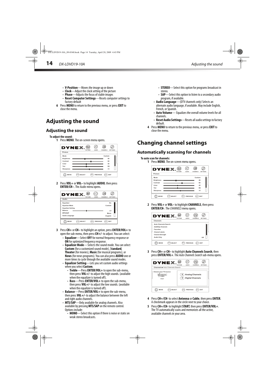 Adjusting the sound, Changing channel settings, Automatically scanning for channels | Vol - ch+ ch- vol, Adjusting the sound dx-ldvd19-10a | Dynex DX-LDVD19-10A User Manual | Page 18 / 36