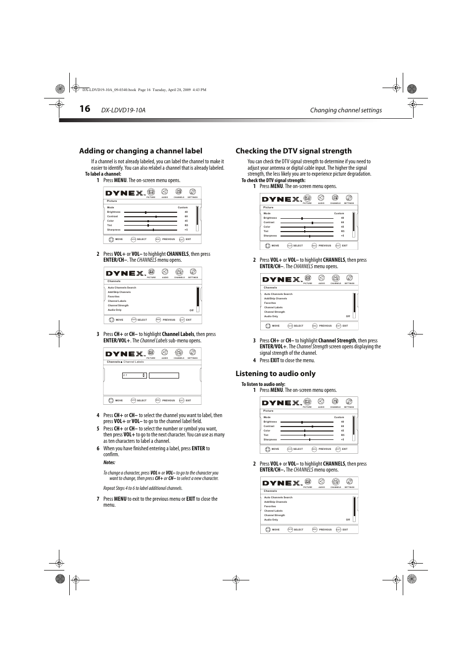 Adding or changing a channel label, Checking the dtv signal strength, Listening to audio only | Vol - ch+ ch- vol, Changing channel settings dx-ldvd19-10a | Dynex DX-LDVD19-10A User Manual | Page 20 / 36