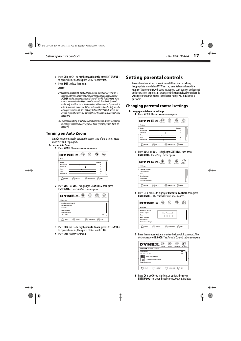 Turning on auto zoom, Changing parental control settings, Vol - ch+ ch- vol | Setting parental controls, Dx-ldvd19-10a | Dynex DX-LDVD19-10A User Manual | Page 21 / 36