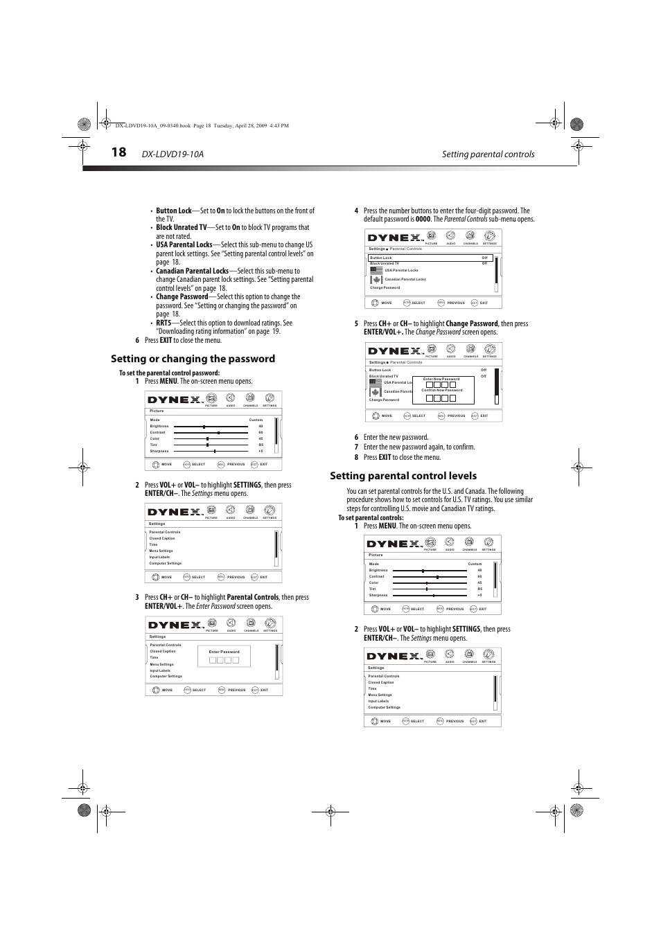 Setting or changing the password, Setting parental control levels, Vol - ch+ ch- vol | Setting parental controls dx-ldvd19-10a | Dynex DX-LDVD19-10A User Manual | Page 22 / 36