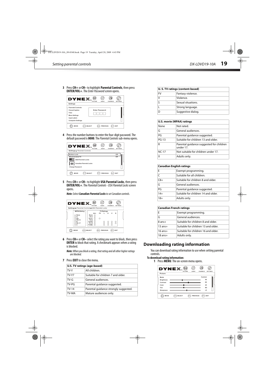 Downloading rating information, Vol - ch+ ch- vol, Setting parental controls | Dx-ldvd19-10a, 7 press exit to close the menu, 1 press menu . the on-screen menu opens | Dynex DX-LDVD19-10A User Manual | Page 23 / 36