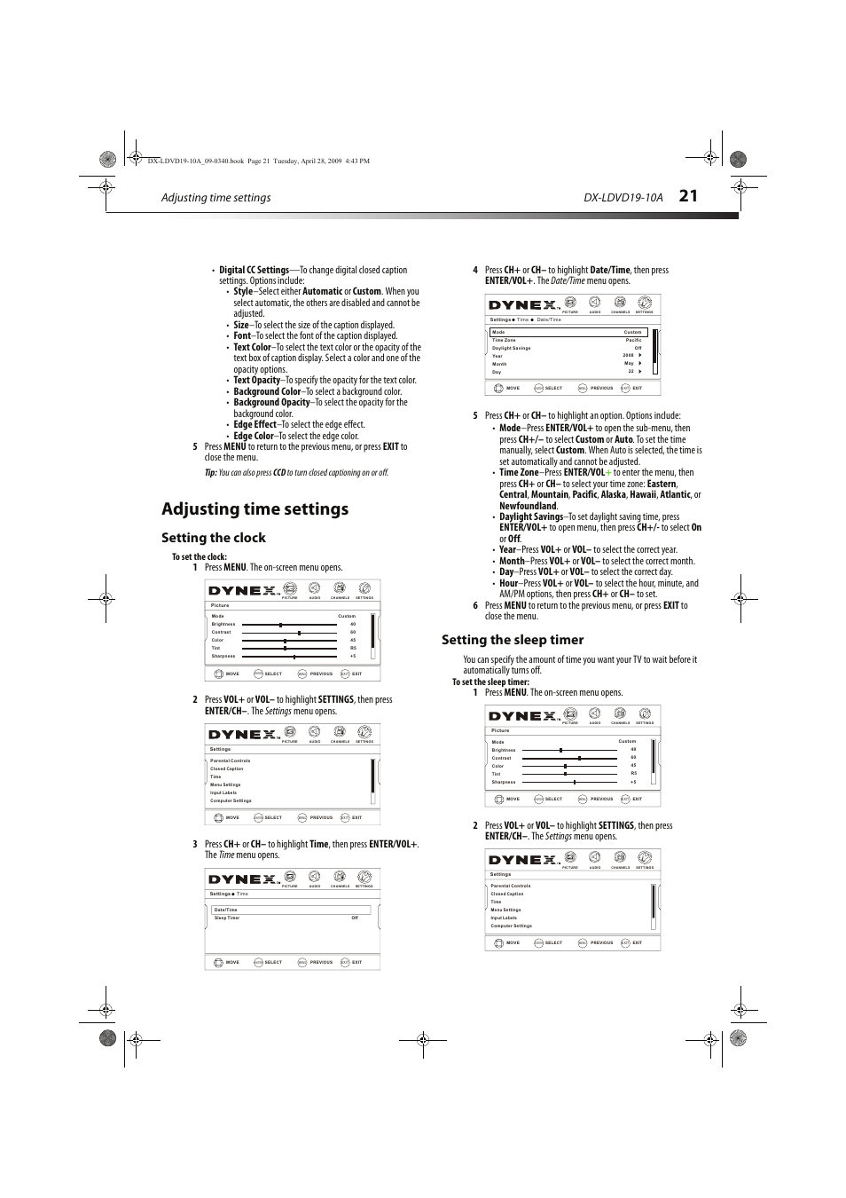 Setting the clock, Setting the sleep timer, Vol - ch+ ch- vol | Adjusting time settings, Dx-ldvd19-10a | Dynex DX-LDVD19-10A User Manual | Page 25 / 36