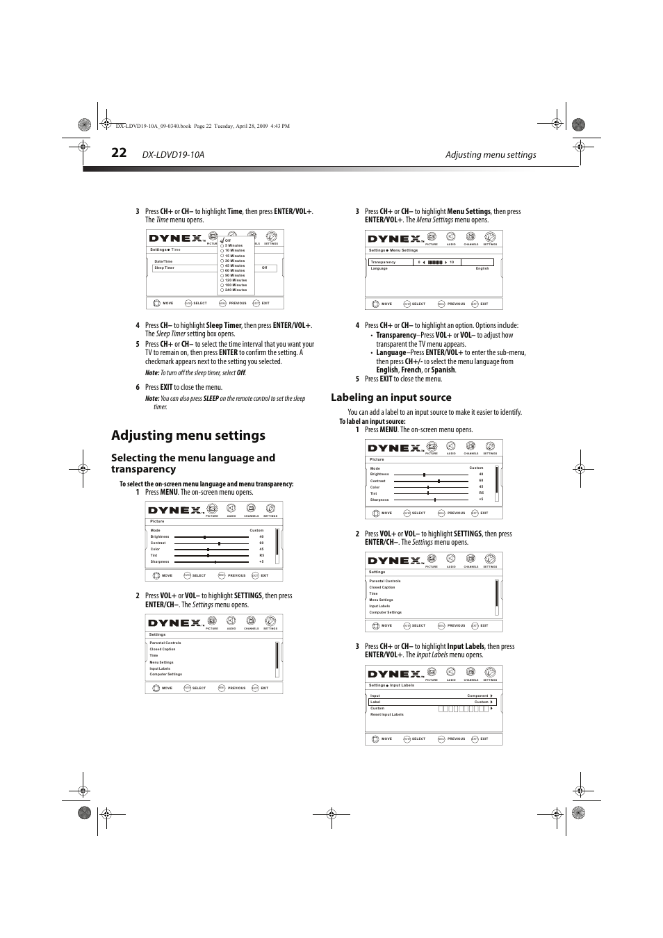 Adjusting menu settings, Selecting the menu language and transparency, Labeling an input source | Vol - ch+ ch- vol, Adjusting menu settings dx-ldvd19-10a, 6 press exit to close the menu | Dynex DX-LDVD19-10A User Manual | Page 26 / 36