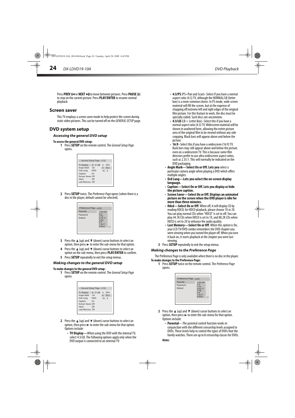 Screen saver, Dvd system setup, Dvd playback dx-ldvd19-10a | Dynex DX-LDVD19-10A User Manual | Page 28 / 36