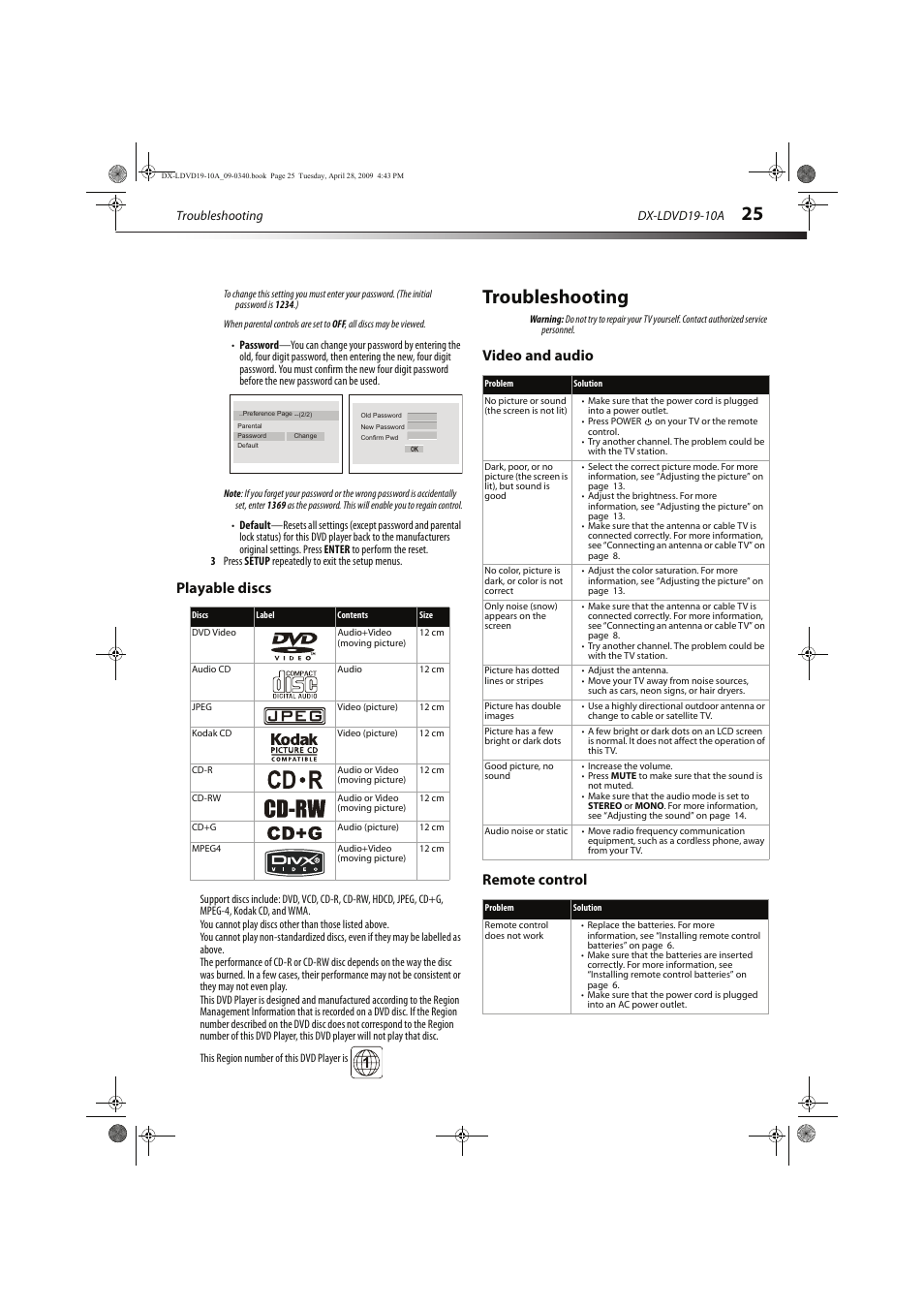 Troubleshooting, Playable discs, Video and audio remote control | Dynex DX-LDVD19-10A User Manual | Page 29 / 36