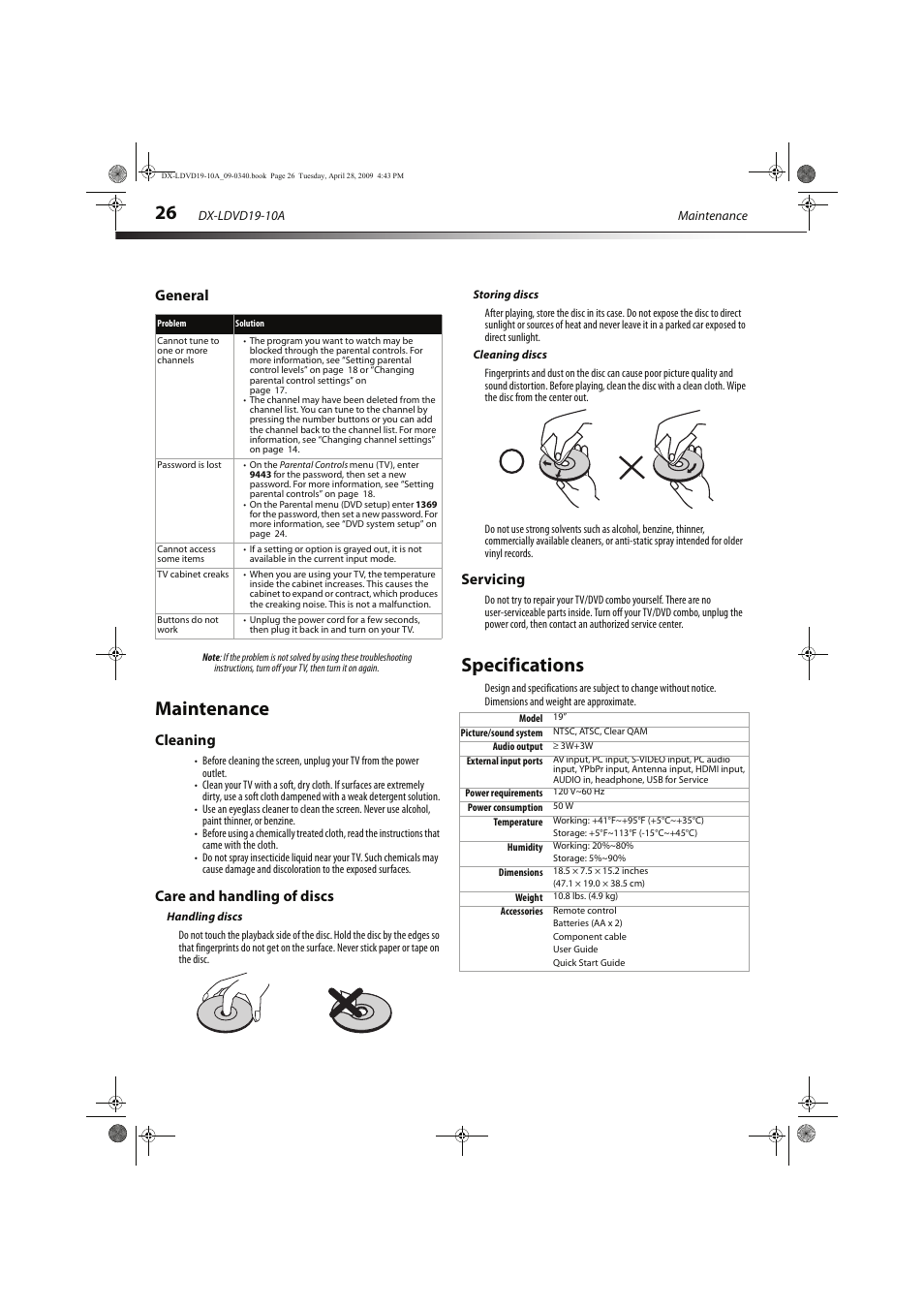 Maintenance, Specifications, General | Cleaning, Care and handling of discs, Servicing | Dynex DX-LDVD19-10A User Manual | Page 30 / 36