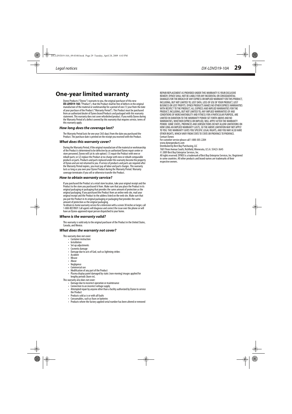 One-year limited warranty | Dynex DX-LDVD19-10A User Manual | Page 33 / 36