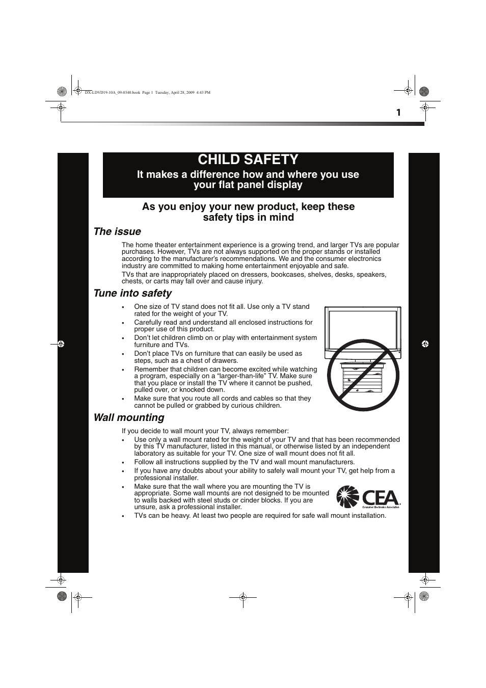Child safety, Tune into safety, Wall mounting | Dynex DX-LDVD19-10A User Manual | Page 5 / 36