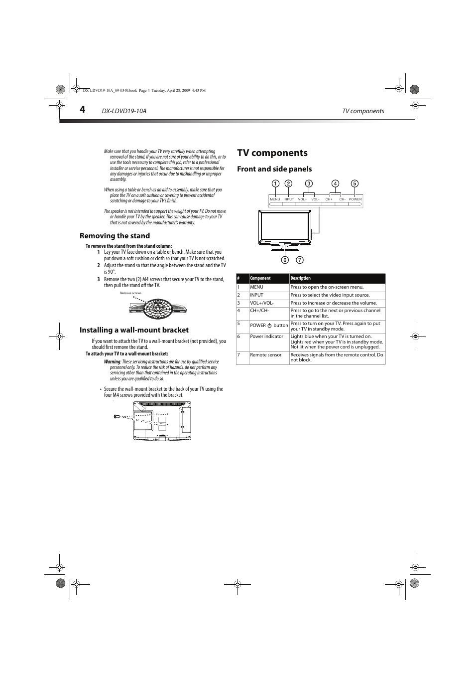 Tv components, Removing the stand, Installing a wall-mount bracket | Front and side panels | Dynex DX-LDVD19-10A User Manual | Page 8 / 36