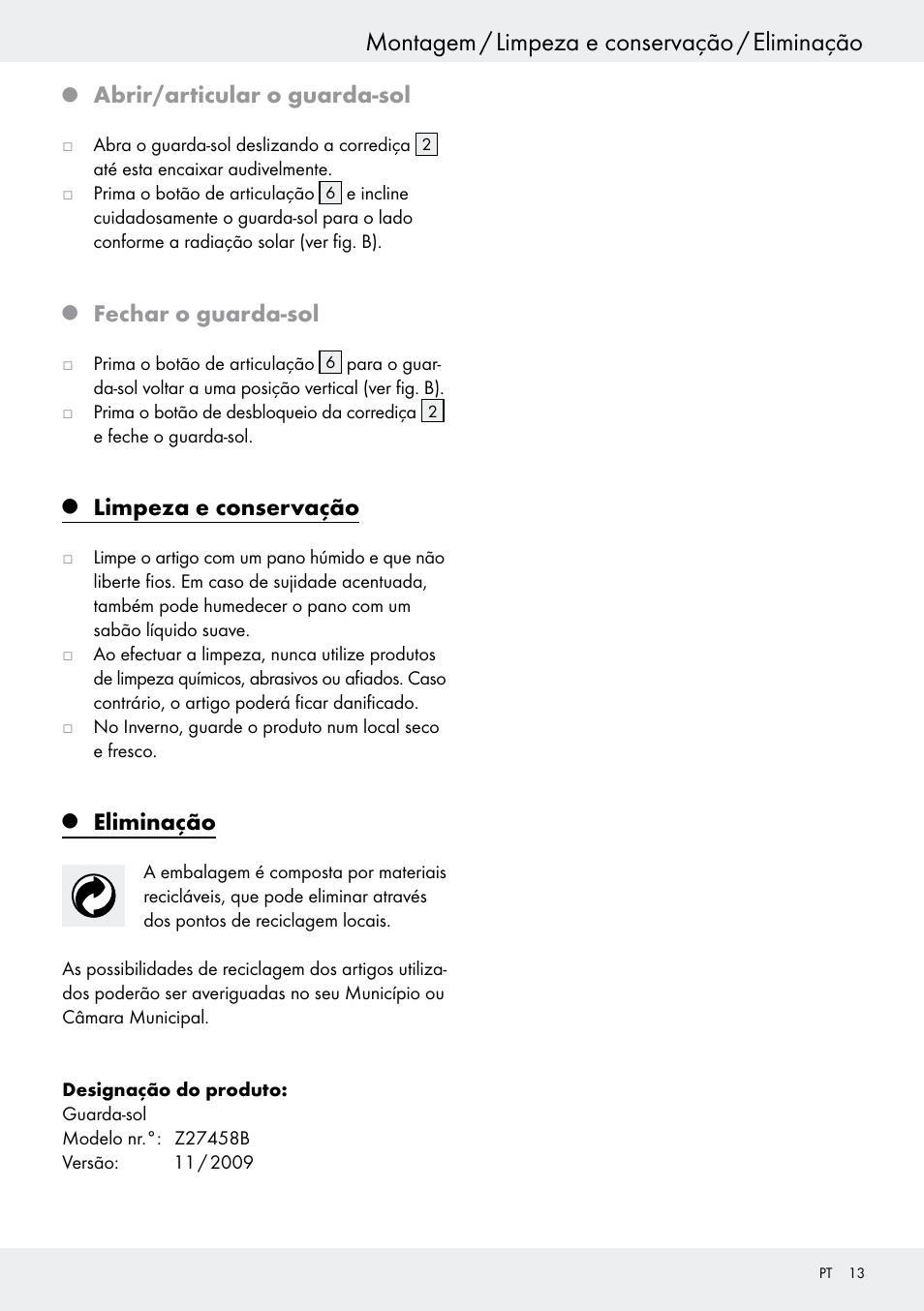 Montagem / limpeza e conservação / eliminação, Abrir/articular o guarda-sol, Fechar o guarda-sol | Limpeza e conservação, Eliminação | Florabest Z27458B User Manual | Page 13 / 20