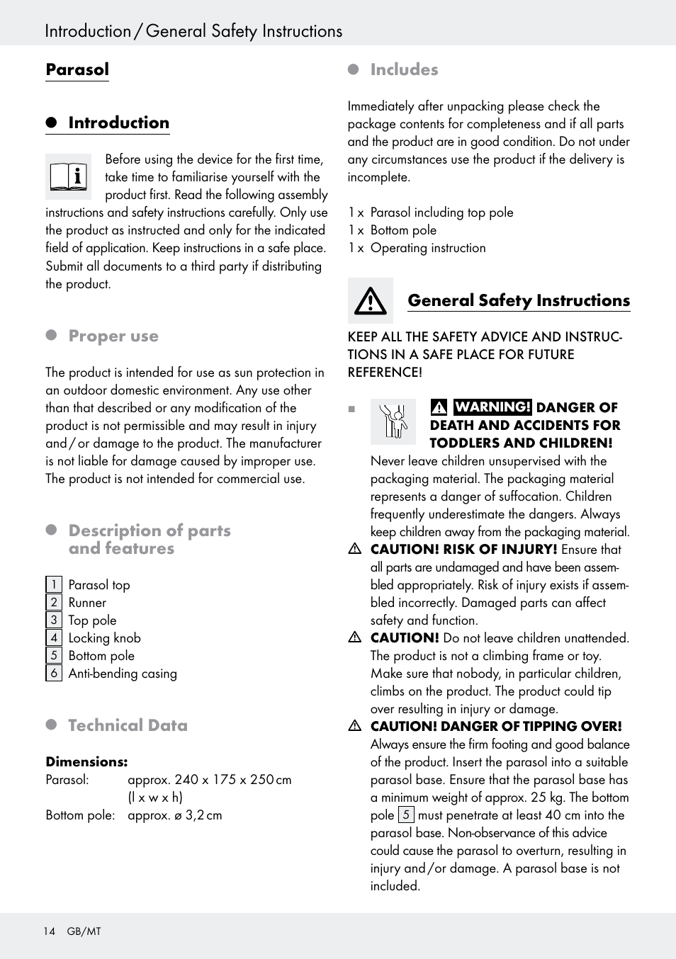 Introduction / general safety instructions, Parasol, Introduction | Proper use, Description of parts and features, Technical data, Includes, General safety instructions | Florabest Z27458B User Manual | Page 14 / 20
