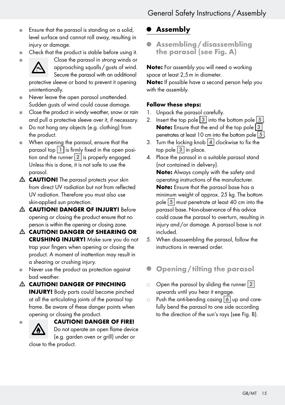 General safety instructions / assembly, Assembly, Opening / tilting the parasol | Florabest Z27458B User Manual | Page 15 / 20