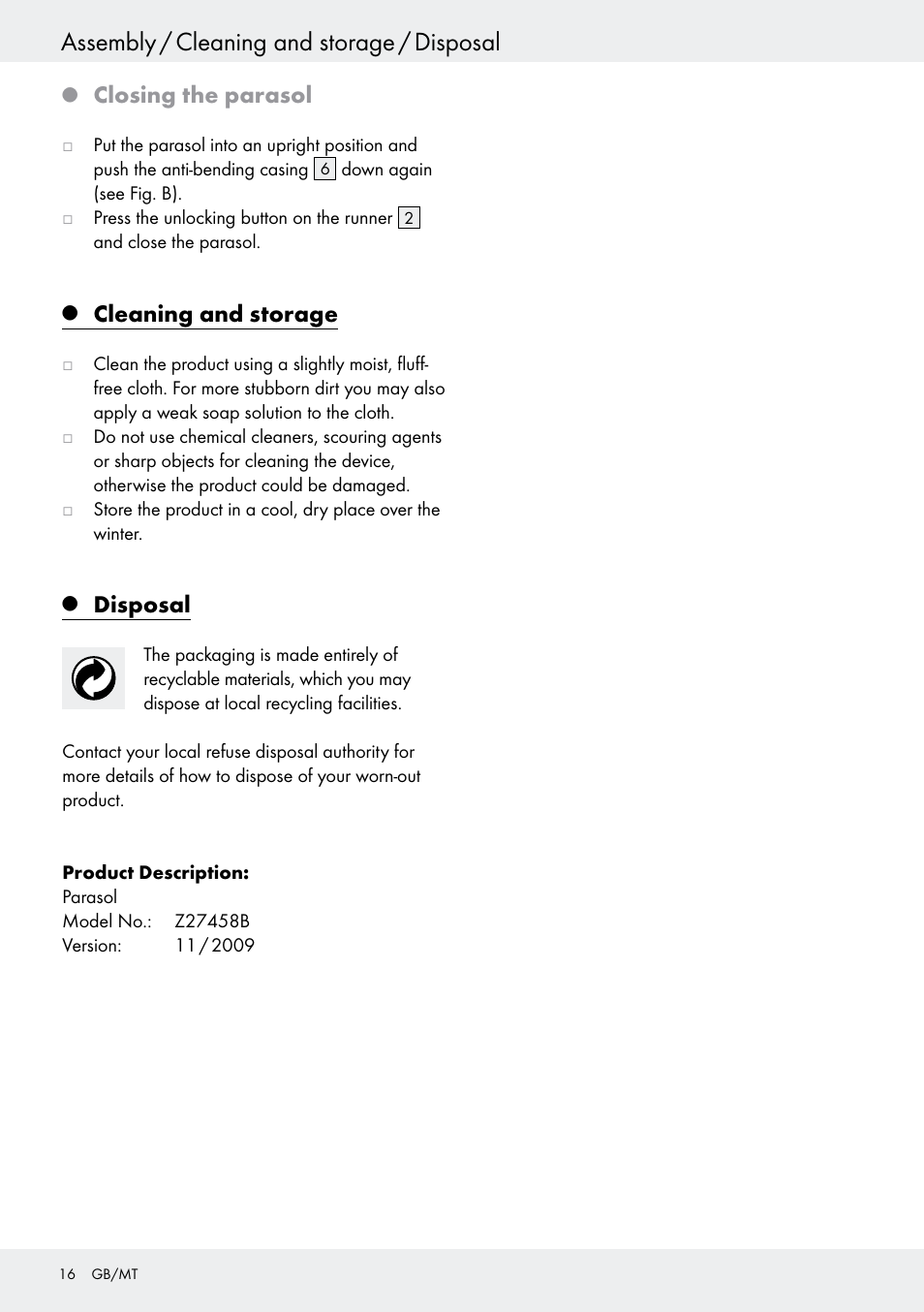 Assembly / cleaning and storage / disposal, Closing the parasol, Cleaning and storage | Disposal | Florabest Z27458B User Manual | Page 16 / 20