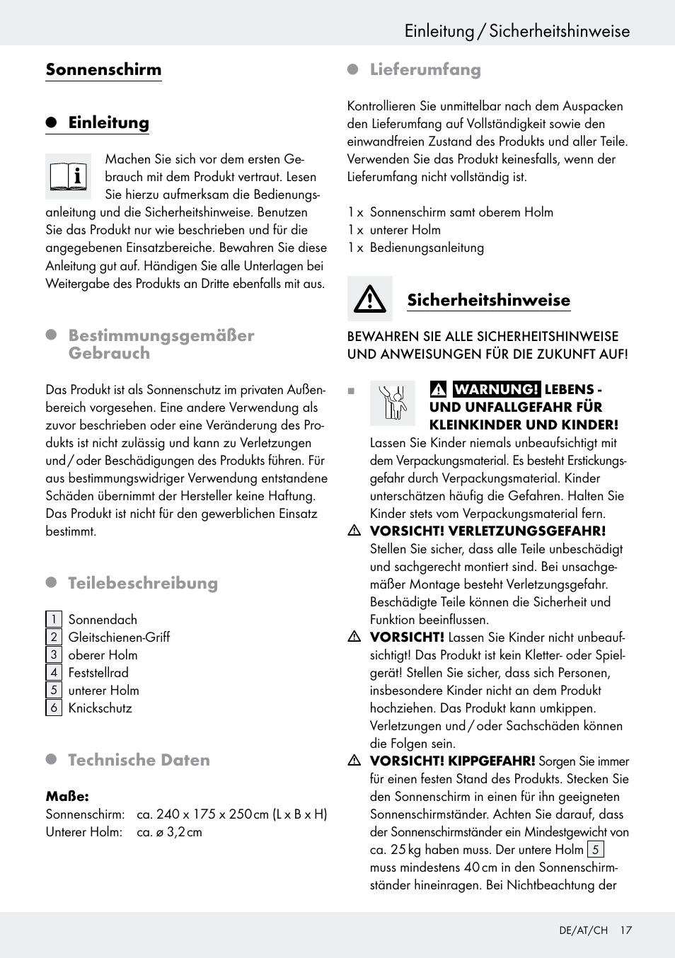 Einleitung / sicherheitshinweise, Sonnenschirm, Einleitung | Bestimmungsgemäßer gebrauch, Teilebeschreibung, Technische daten, Lieferumfang, Sicherheitshinweise | Florabest Z27458B User Manual | Page 17 / 20