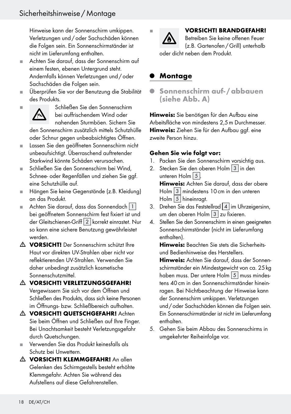 Sicherheitshinweise / montage, Montage, Sonnenschirm auf- / abbauen (siehe abb. a) | Florabest Z27458B User Manual | Page 18 / 20