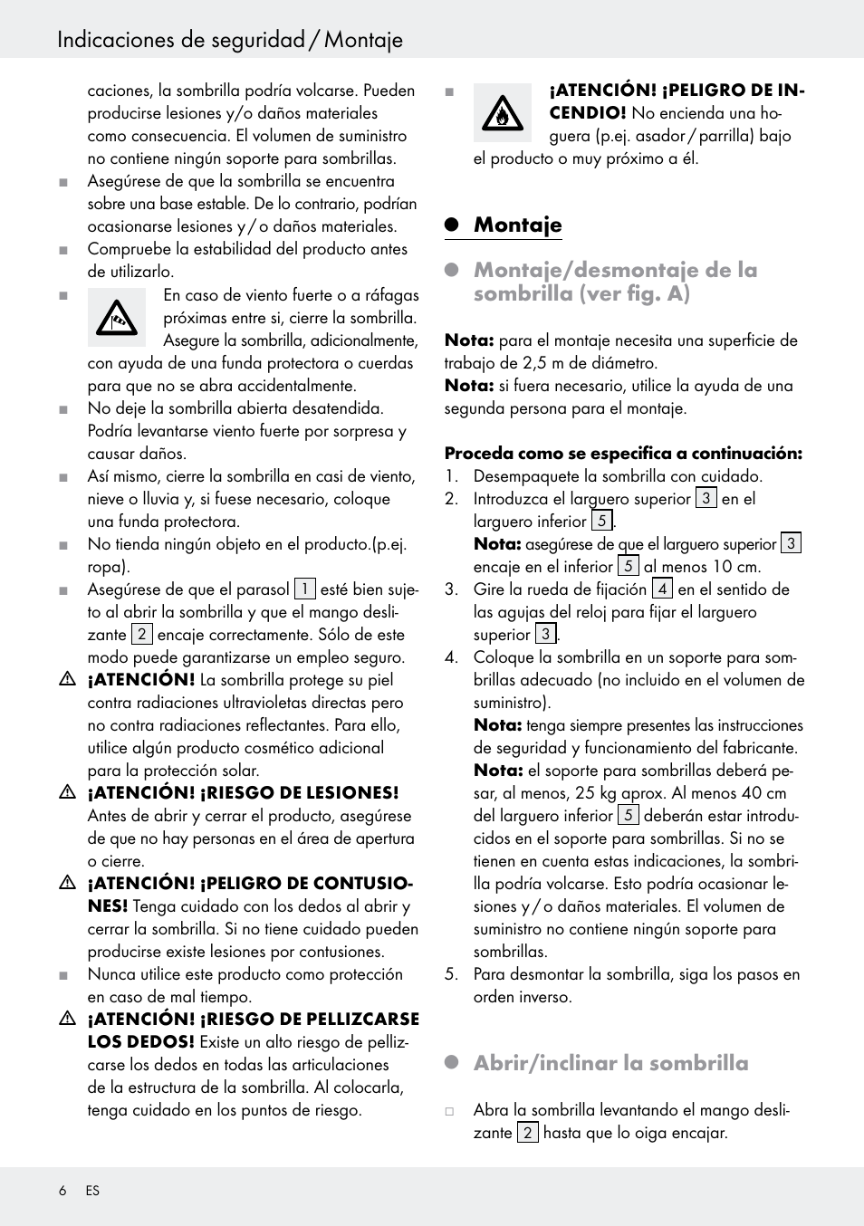 Indicaciones de seguridad / montaje, Montaje, Montaje/desmontaje de la sombrilla (ver fig. a) | Abrir/inclinar la sombrilla | Florabest Z27458B User Manual | Page 6 / 20