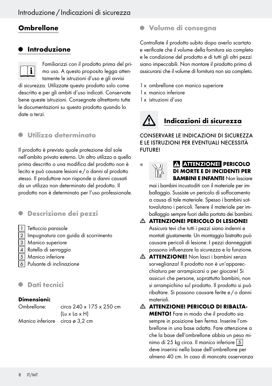 Introduzione / indicazioni di sicurezza, Ombrellone, Introduzione | Utilizzo determinato, Descrizione dei pezzi, Dati tecnici, Volume di consegna, Indicazioni di sicurezza | Florabest Z27458B User Manual | Page 8 / 20
